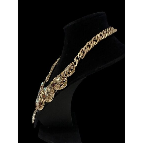 Gold Tone Statement Bib Pendant Necklace Brown Rhinestones Adjustable Chain Link - Picture 7 of 7